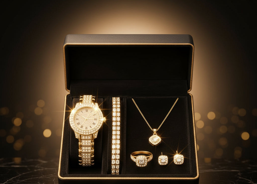 Transform this product photo into a premium luxury jewelry advertisement. Keep the exact jewelry set, watch, box, number of pieces, colors, shapes, proportions, and all product details completely unchanged. Replace the wooden surface and dark background with an elegant glossy champagne-beige gradient background and a light cream marble surface. Make the jewelry box larger in the frame, filling approximately 80% of the image. Add warm professional studio lighting, realistic sparkling highlights on the gold a